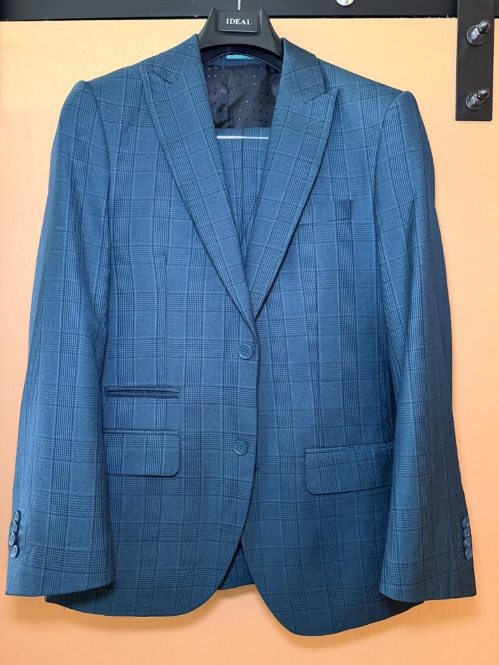 Ideal 3 Piece Suit 38R Green Glen Plaid Peak Lapel Vested Slim Fit W32